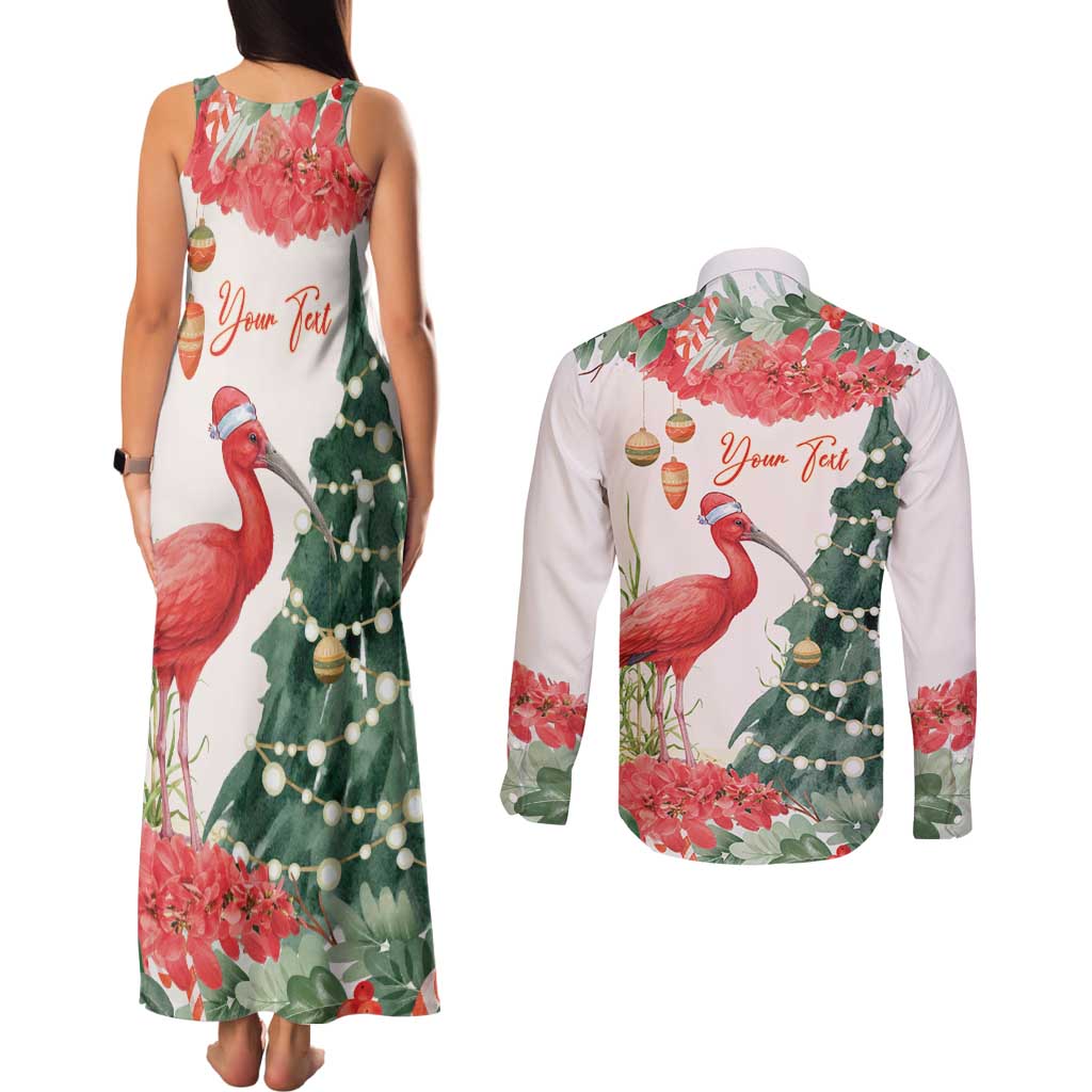 Personalized Trinidad And Tobago Christmas Couples Matching Tank Maxi Dress and Long Sleeve Button Shirt Scarlet Ibis Wild Poinsettia Watercolor - Wonder Print Shop