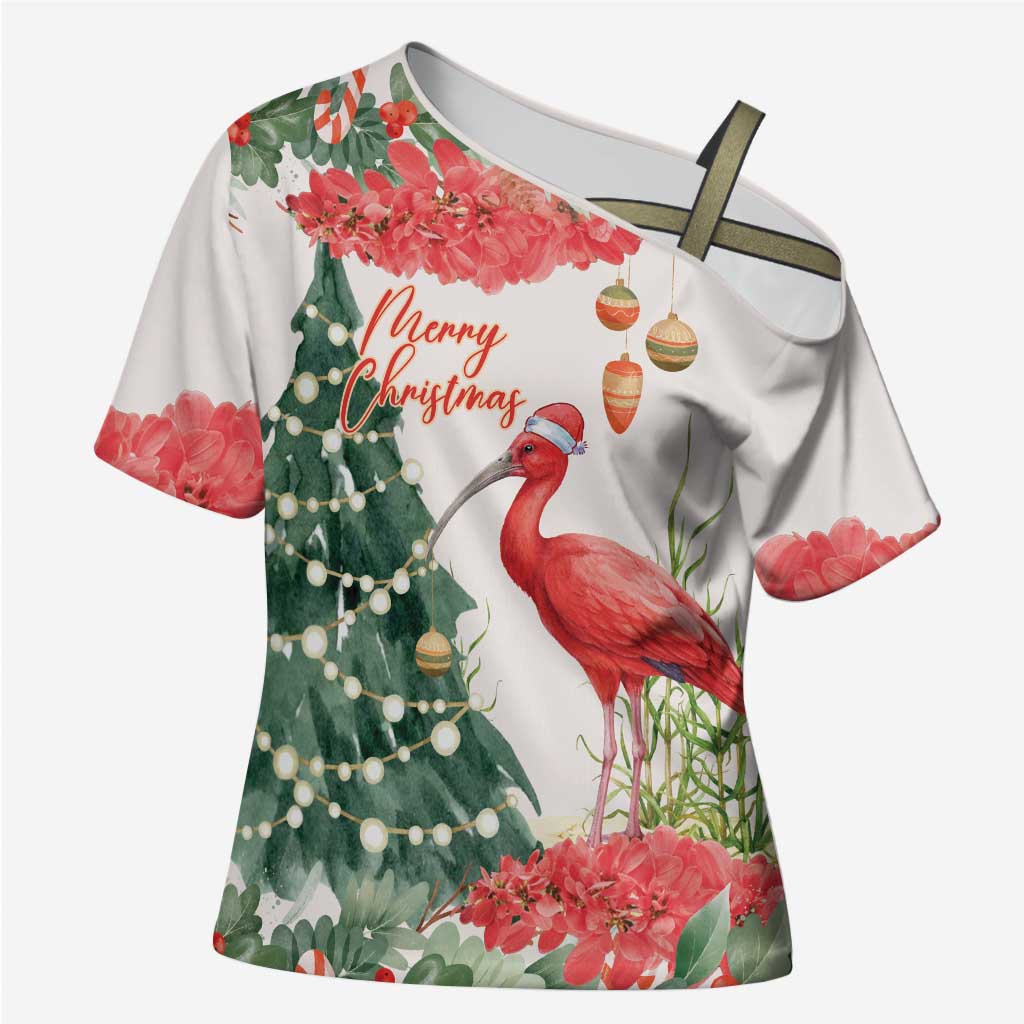 Personalized Trinidad And Tobago Christmas Cross Shoulder Shirt Scarlet Ibis Wild Poinsettia Watercolor - Wonder Print Shop