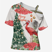 Personalized Trinidad And Tobago Christmas Cross Shoulder Shirt Scarlet Ibis Wild Poinsettia Watercolor - Wonder Print Shop