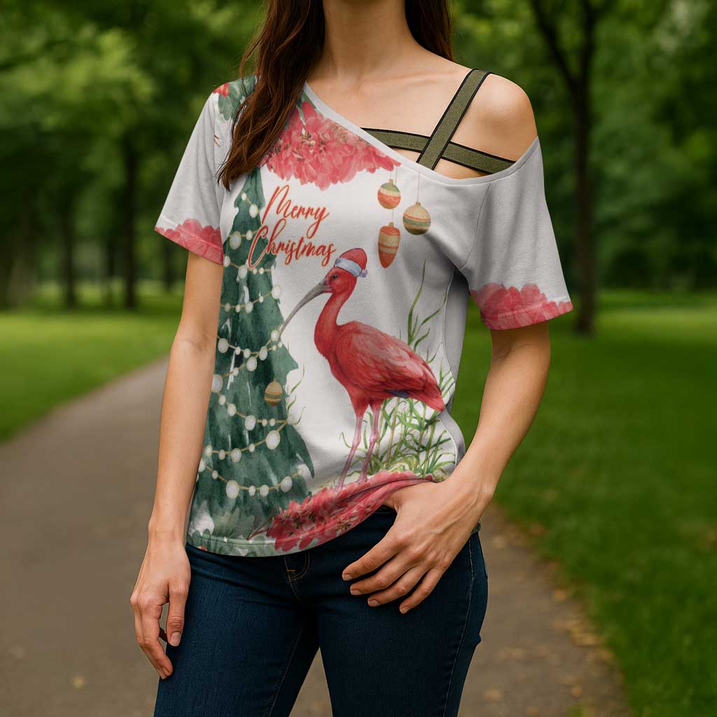 Personalized Trinidad And Tobago Christmas Cross Shoulder Shirt Scarlet Ibis Wild Poinsettia Watercolor - Wonder Print Shop