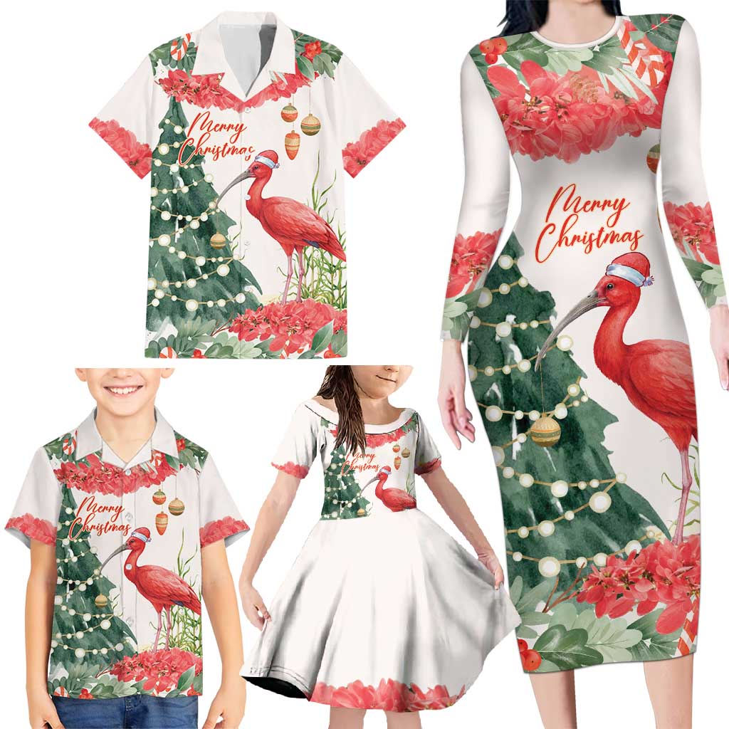 Personalized Trinidad And Tobago Christmas Family Matching Long Sleeve Bodycon Dress and Hawaiian Shirt Scarlet Ibis Wild Poinsettia Watercolor - Wonder Print Shop