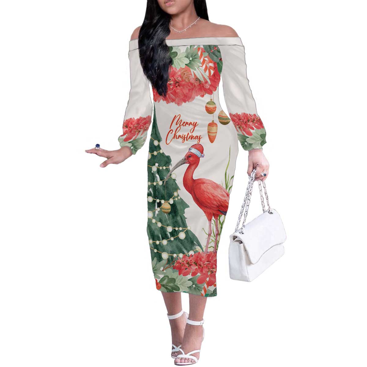 Personalized Trinidad And Tobago Christmas Family Matching Off The Shoulder Long Sleeve Dress and Hawaiian Shirt Scarlet Ibis Wild Poinsettia Watercolor - Wonder Print Shop