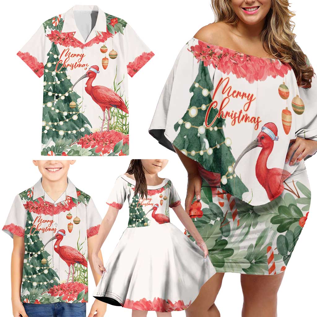 Personalized Trinidad And Tobago Christmas Family Matching Off Shoulder Short Dress and Hawaiian Shirt Scarlet Ibis Wild Poinsettia Watercolor - Wonder Print Shop