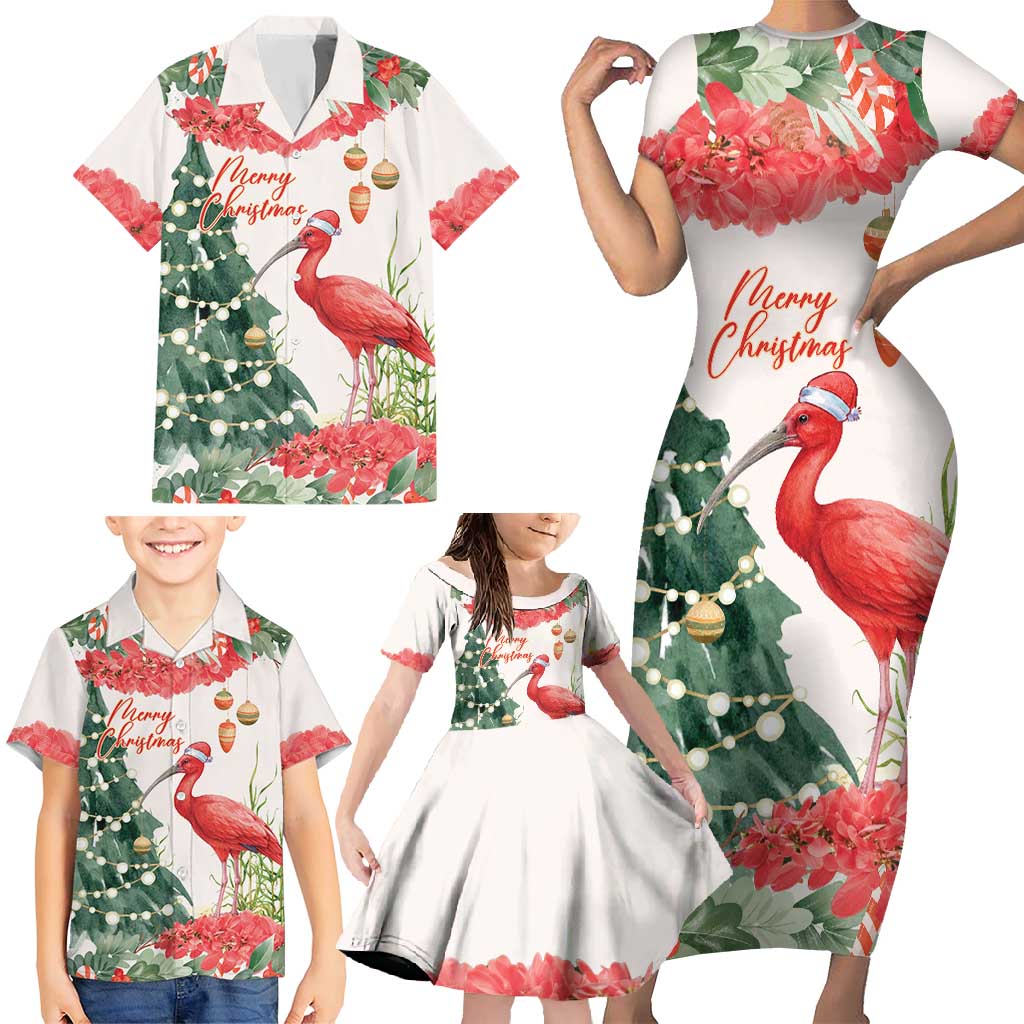 Personalized Trinidad And Tobago Christmas Family Matching Short Sleeve Bodycon Dress and Hawaiian Shirt Scarlet Ibis Wild Poinsettia Watercolor - Wonder Print Shop
