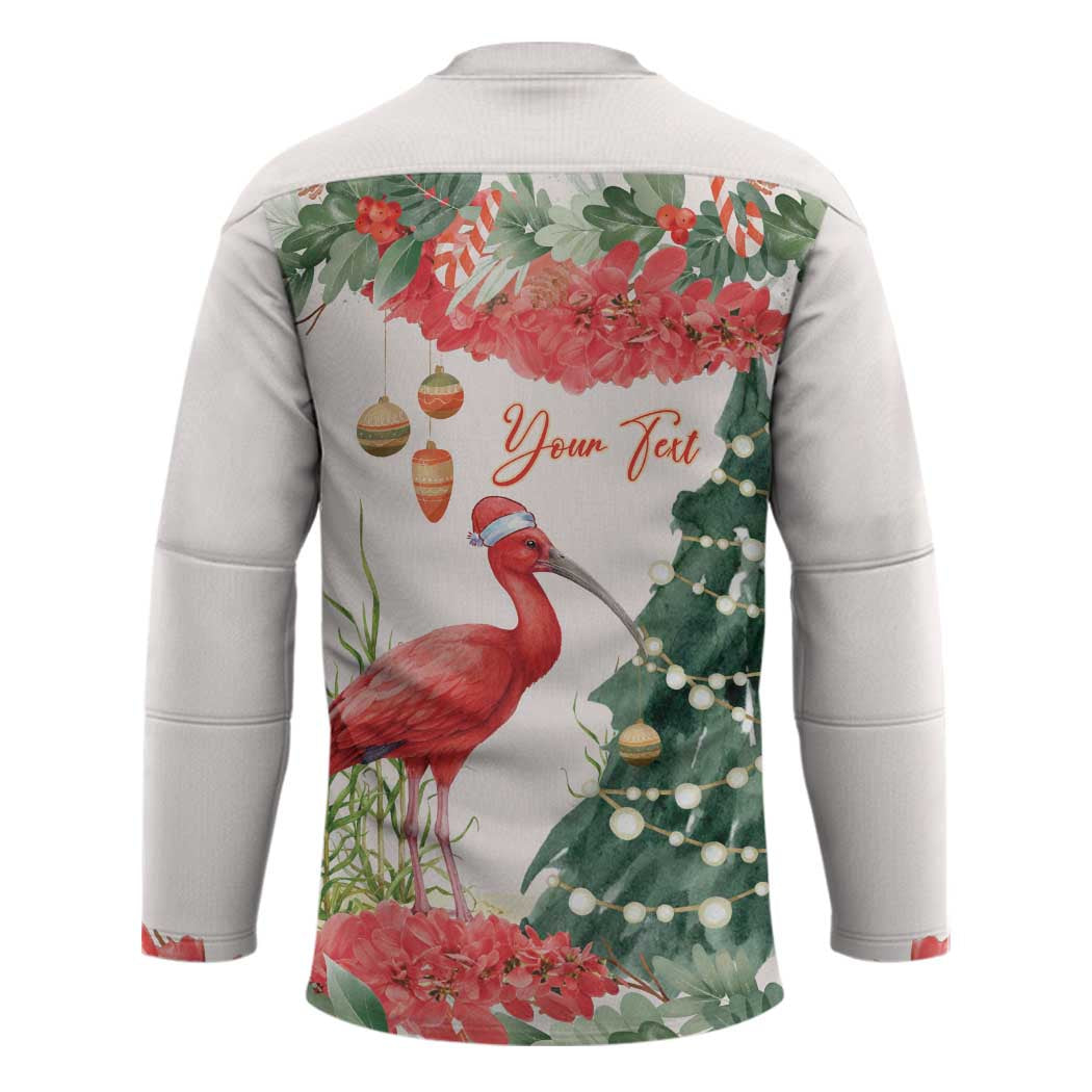 Personalized Trinidad And Tobago Christmas Hockey Jersey Scarlet Ibis Wild Poinsettia Watercolor - Wonder Print Shop