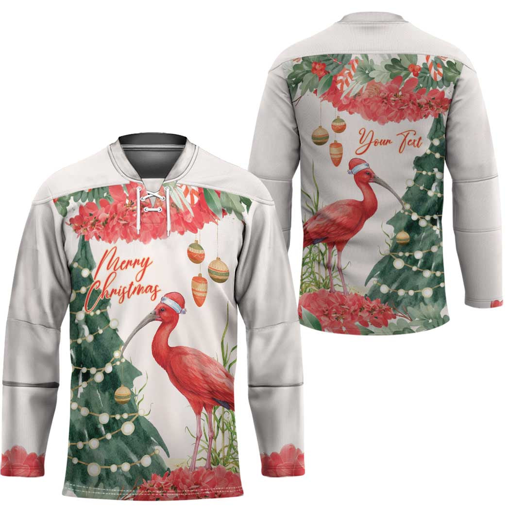 Personalized Trinidad And Tobago Christmas Hockey Jersey Scarlet Ibis Wild Poinsettia Watercolor - Wonder Print Shop