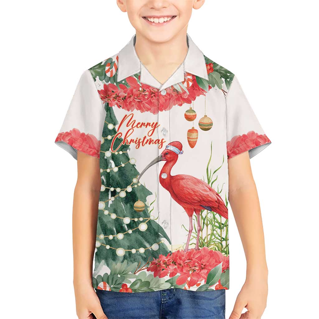 Personalized Trinidad And Tobago Christmas Kid Hawaiian Shirt Scarlet Ibis Wild Poinsettia Watercolor - Wonder Print Shop