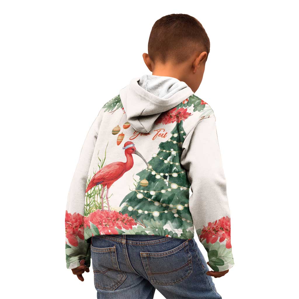 Personalized Trinidad And Tobago Christmas Kid Hoodie Scarlet Ibis Wild Poinsettia Watercolor - Wonder Print Shop