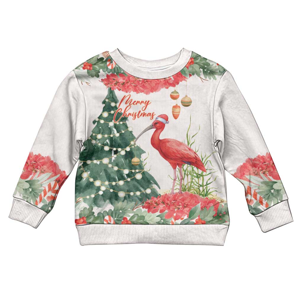 Personalized Trinidad And Tobago Christmas Kid Ugly Christmas Sweater Scarlet Ibis Wild Poinsettia Watercolor - Wonder Print Shop