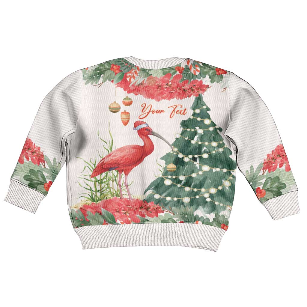 Personalized Trinidad And Tobago Christmas Kid Ugly Christmas Sweater Scarlet Ibis Wild Poinsettia Watercolor - Wonder Print Shop