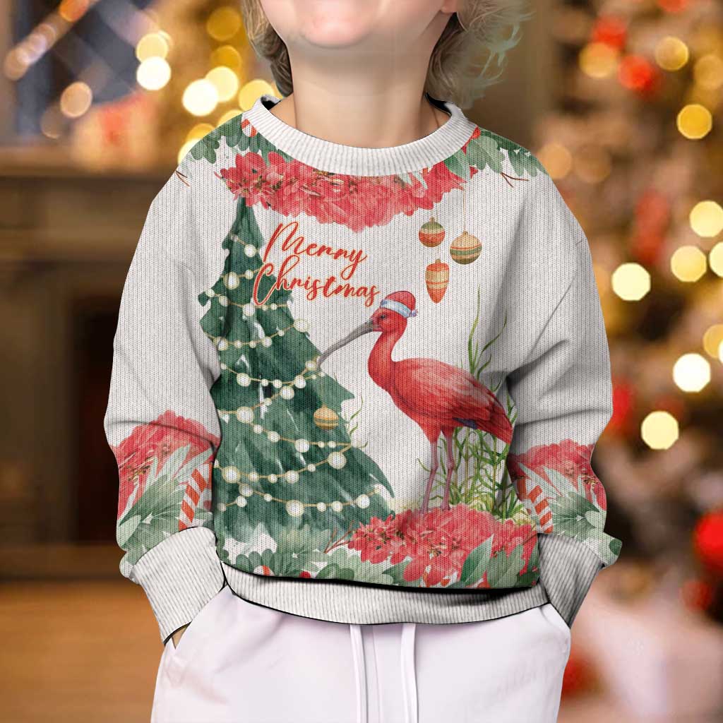 Personalized Trinidad And Tobago Christmas Kid Ugly Christmas Sweater Scarlet Ibis Wild Poinsettia Watercolor - Wonder Print Shop