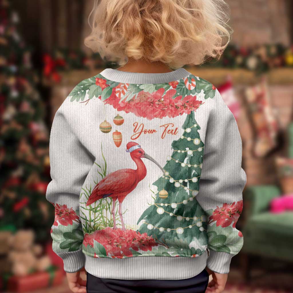 Personalized Trinidad And Tobago Christmas Kid Ugly Christmas Sweater Scarlet Ibis Wild Poinsettia Watercolor - Wonder Print Shop