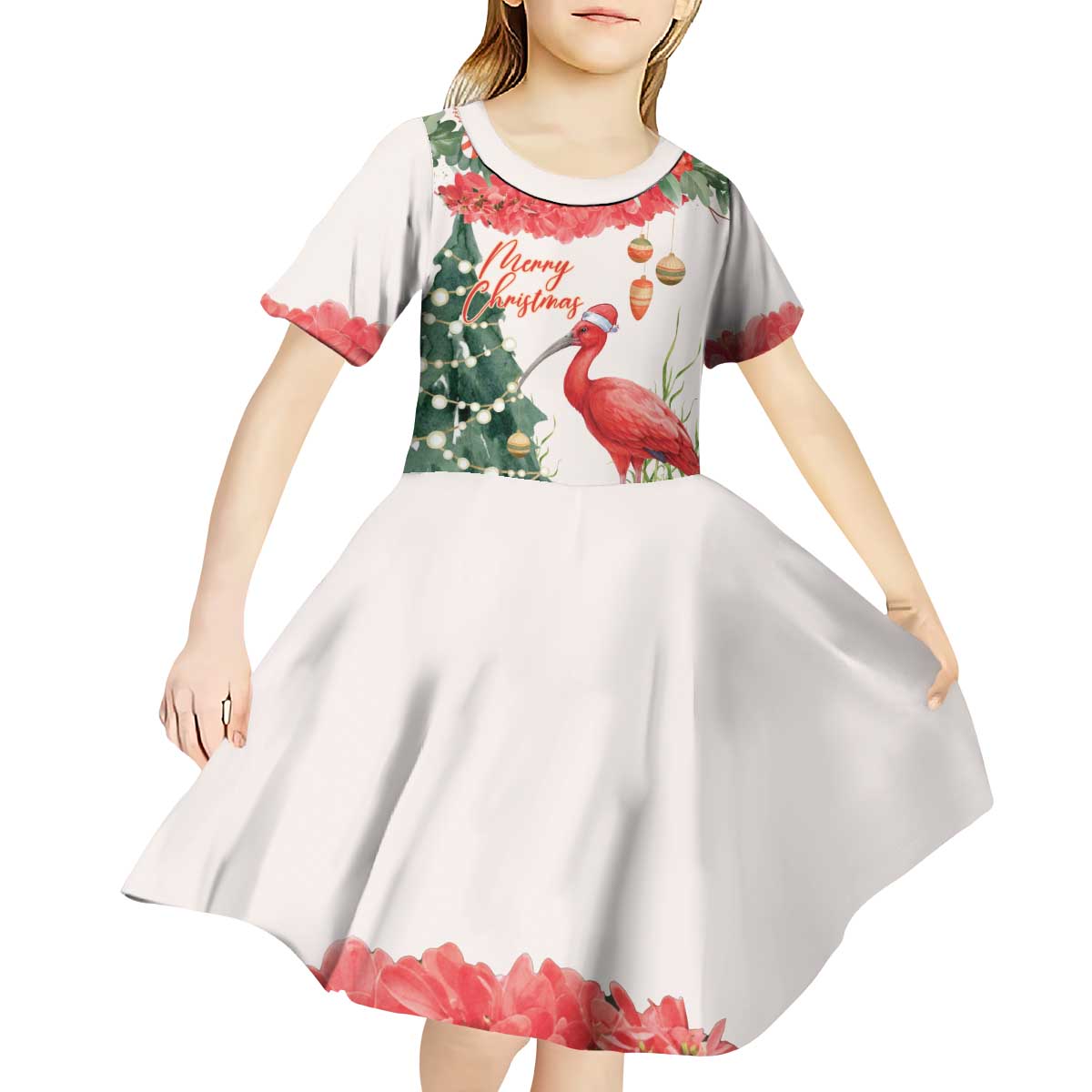 Personalized Trinidad And Tobago Christmas Kid Short Sleeve Dress Scarlet Ibis Wild Poinsettia Watercolor - Wonder Print Shop