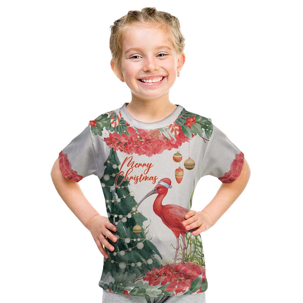 Personalized Trinidad And Tobago Christmas Kid T Shirt Scarlet Ibis Wild Poinsettia Watercolor - Wonder Print Shop