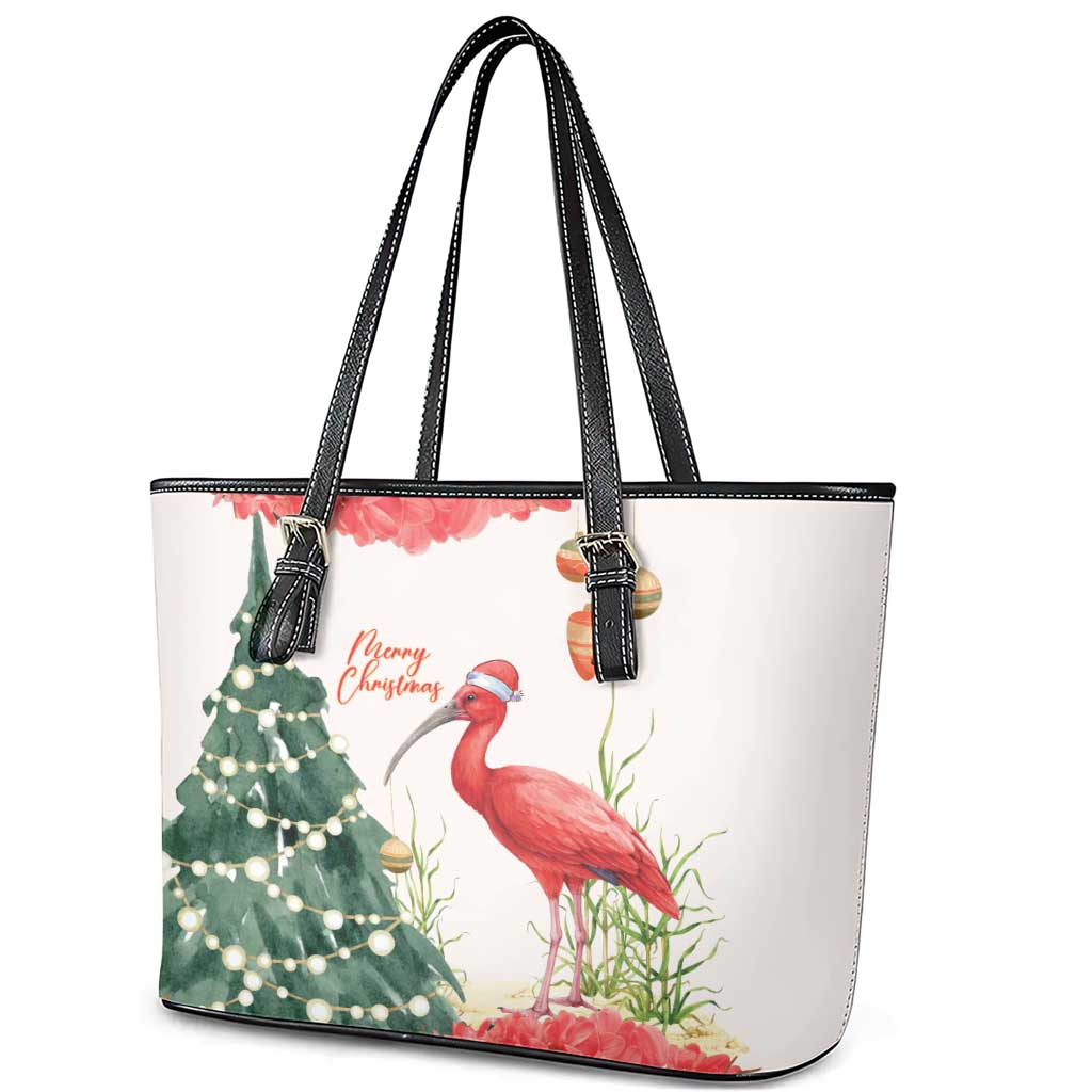 Trinidad And Tobago Christmas Leather Tote Bag Scarlet Ibis Wild Poinsettia Watercolor - Wonder Print Shop