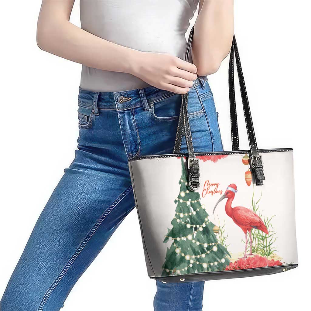 Trinidad And Tobago Christmas Leather Tote Bag Scarlet Ibis Wild Poinsettia Watercolor - Wonder Print Shop