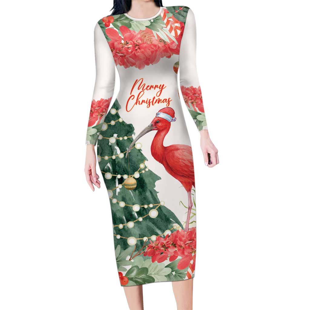 Personalized Trinidad And Tobago Christmas Long Sleeve Bodycon Dress Scarlet Ibis Wild Poinsettia Watercolor - Wonder Print Shop