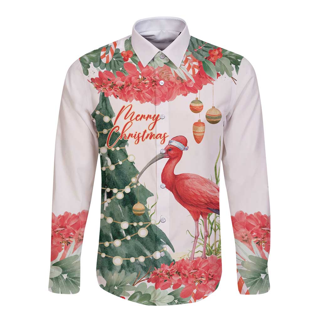 Personalized Trinidad And Tobago Christmas Long Sleeve Button Shirt Scarlet Ibis Wild Poinsettia Watercolor - Wonder Print Shop