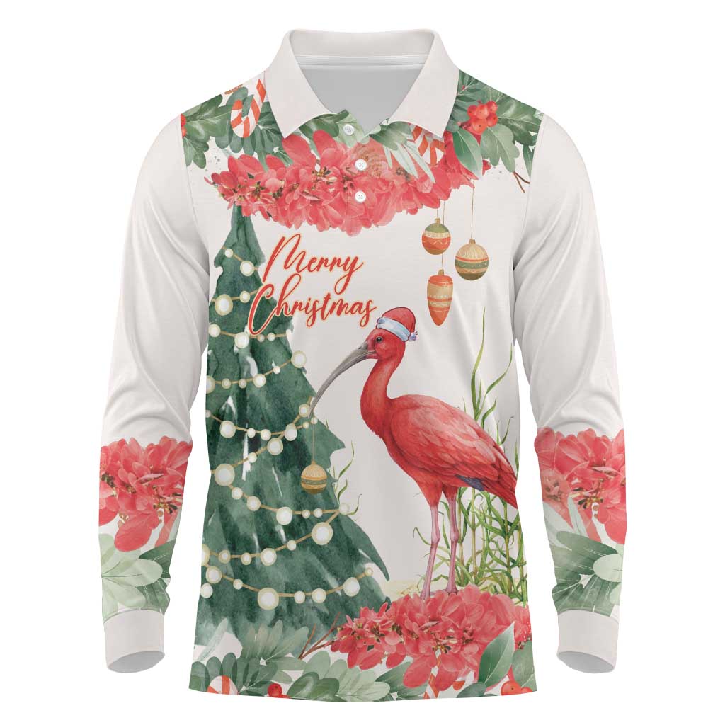 Personalized Trinidad And Tobago Christmas Long Sleeve Polo Shirt Scarlet Ibis Wild Poinsettia Watercolor - Wonder Print Shop