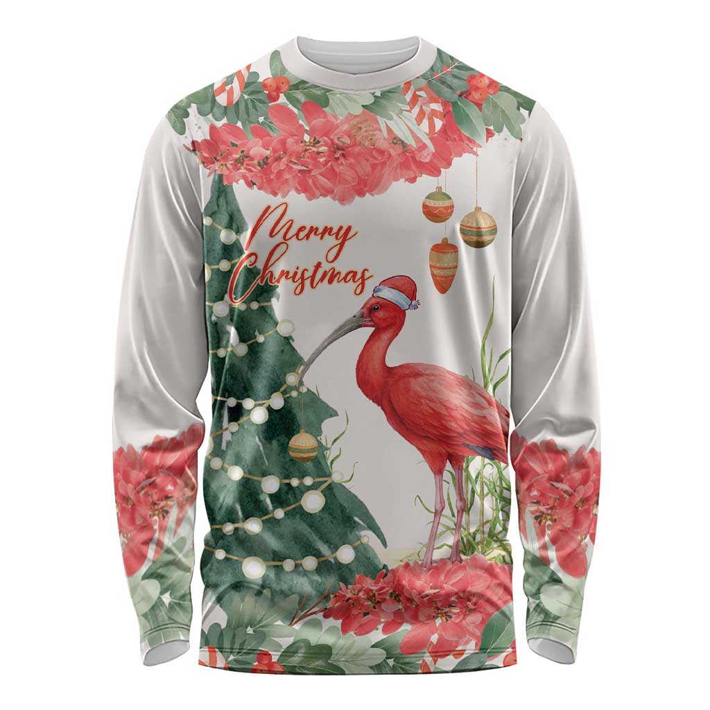 Personalized Trinidad And Tobago Christmas Long Sleeve Shirt Scarlet Ibis Wild Poinsettia Watercolor - Wonder Print Shop