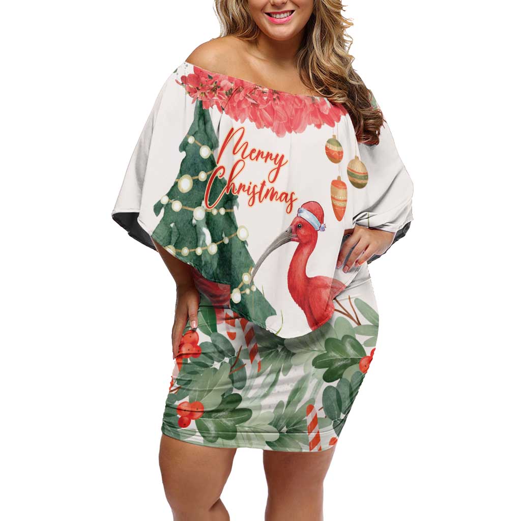 Personalized Trinidad And Tobago Christmas Off Shoulder Short Dress Scarlet Ibis Wild Poinsettia Watercolor - Wonder Print Shop