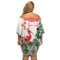 Personalized Trinidad And Tobago Christmas Off Shoulder Short Dress Scarlet Ibis Wild Poinsettia Watercolor - Wonder Print Shop