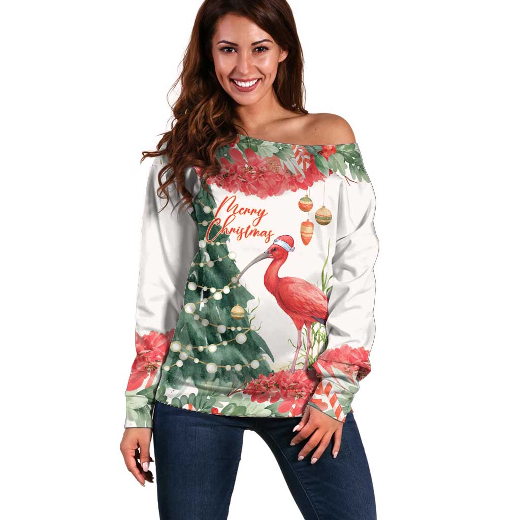 Personalized Trinidad And Tobago Christmas Off Shoulder Sweater Scarlet Ibis Wild Poinsettia Watercolor - Wonder Print Shop