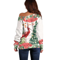 Personalized Trinidad And Tobago Christmas Off Shoulder Sweater Scarlet Ibis Wild Poinsettia Watercolor - Wonder Print Shop