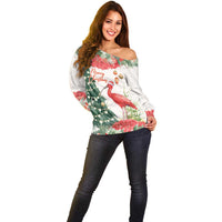 Personalized Trinidad And Tobago Christmas Off Shoulder Sweater Scarlet Ibis Wild Poinsettia Watercolor - Wonder Print Shop