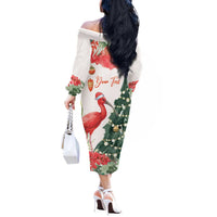 Personalized Trinidad And Tobago Christmas Off The Shoulder Long Sleeve Dress Scarlet Ibis Wild Poinsettia Watercolor - Wonder Print Shop