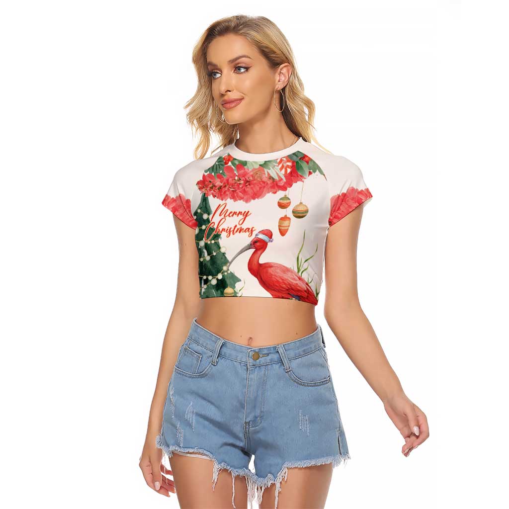 Personalized Trinidad And Tobago Christmas Raglan Cropped T Shirt Scarlet Ibis Wild Poinsettia Watercolor - Wonder Print Shop