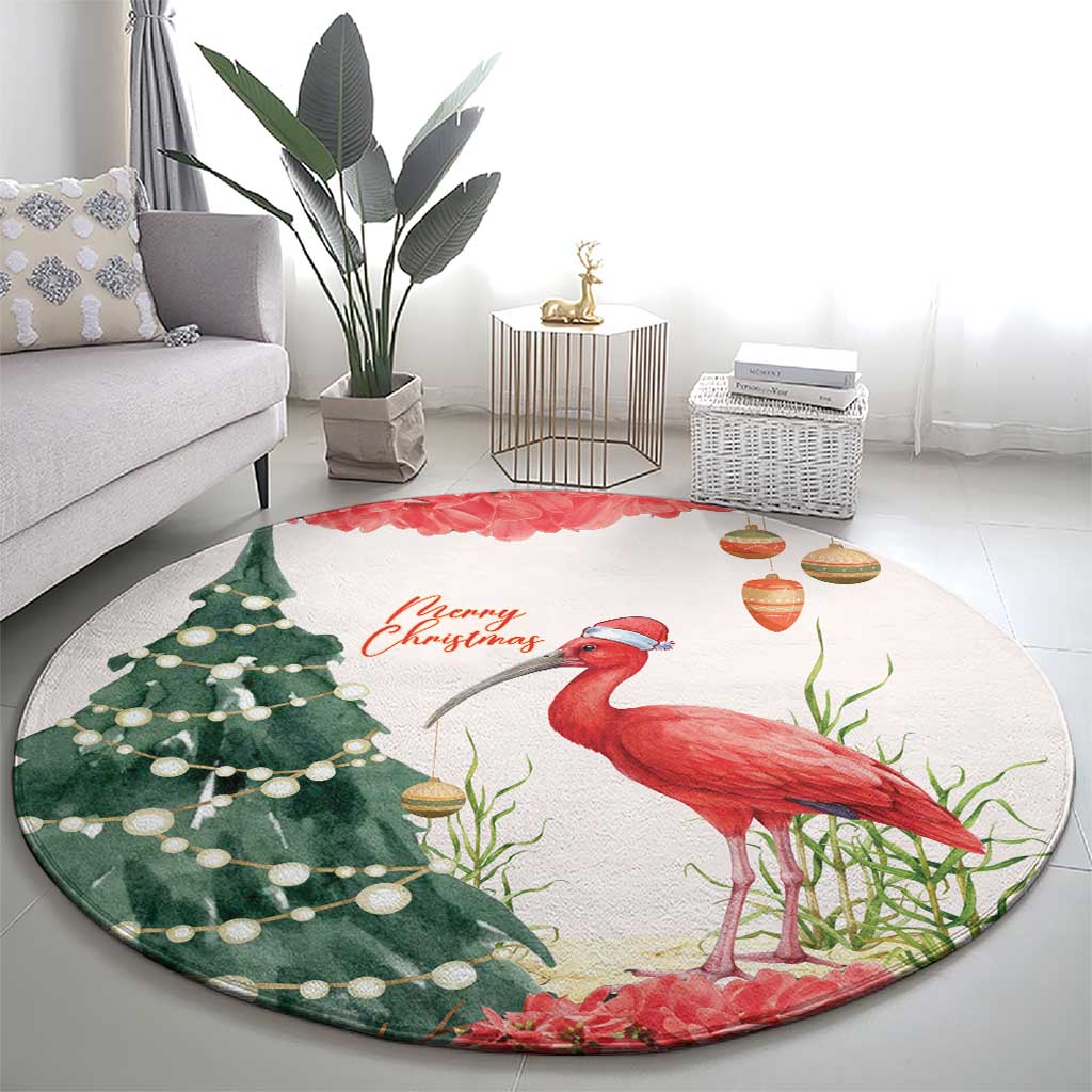 Trinidad And Tobago Christmas Round Carpet Scarlet Ibis Wild Poinsettia Watercolor - Wonder Print Shop