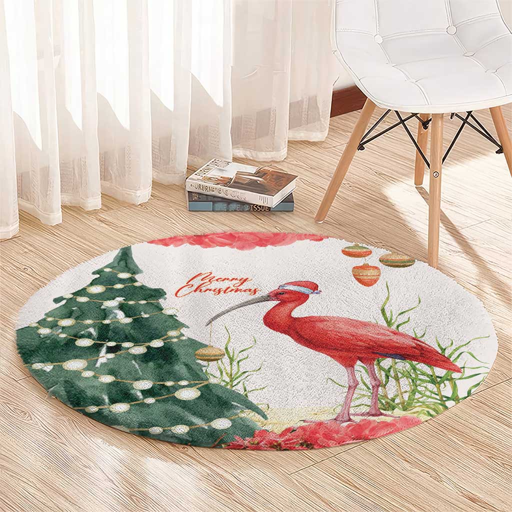 Trinidad And Tobago Christmas Round Carpet Scarlet Ibis Wild Poinsettia Watercolor - Wonder Print Shop