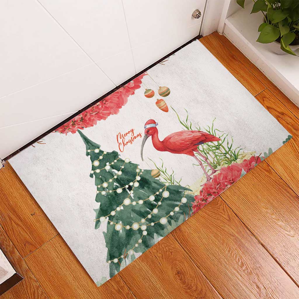 Trinidad And Tobago Christmas Rubber Doormat Scarlet Ibis Wild Poinsettia Watercolor - Wonder Print Shop