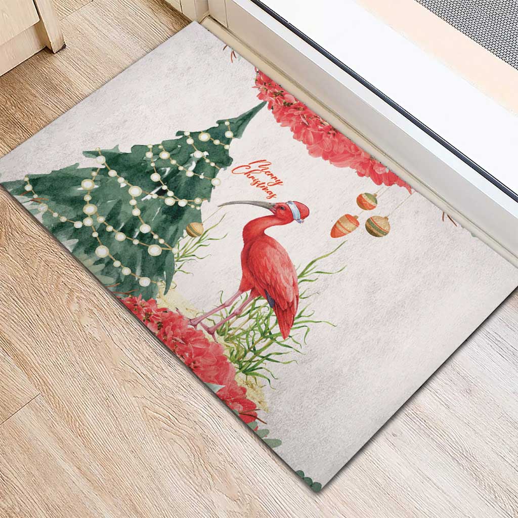 Trinidad And Tobago Christmas Rubber Doormat Scarlet Ibis Wild Poinsettia Watercolor - Wonder Print Shop