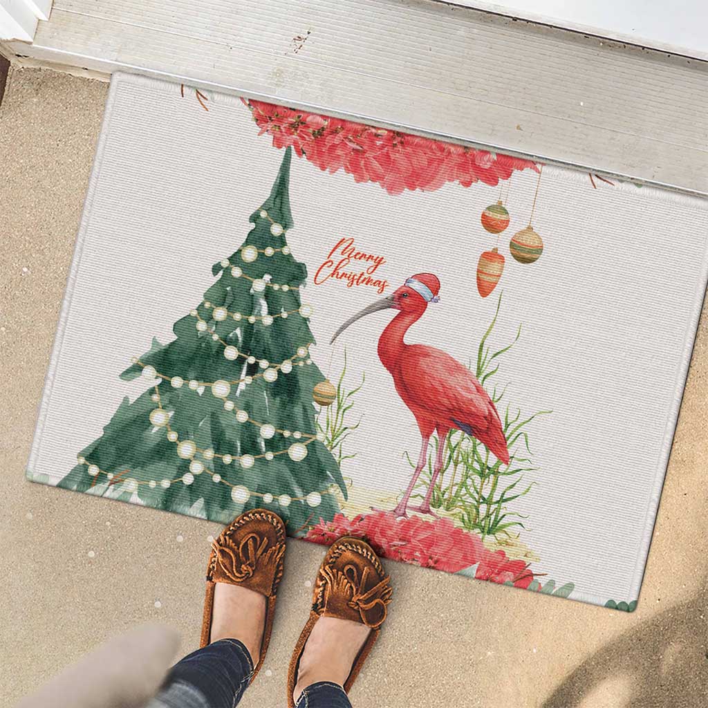 Trinidad And Tobago Christmas Rubber Doormat Scarlet Ibis Wild Poinsettia Watercolor - Wonder Print Shop