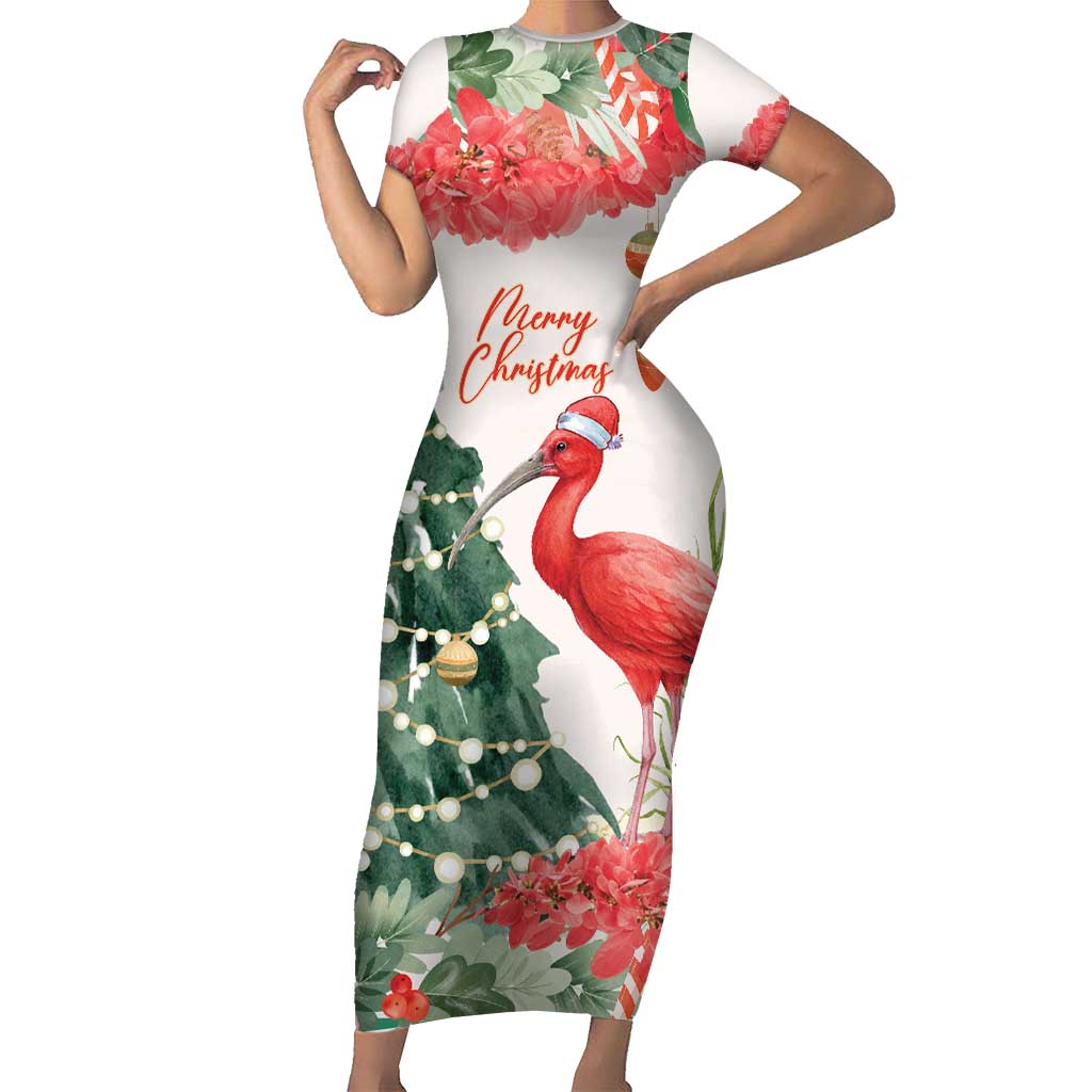 Personalized Trinidad And Tobago Christmas Short Sleeve Bodycon Dress Scarlet Ibis Wild Poinsettia Watercolor - Wonder Print Shop