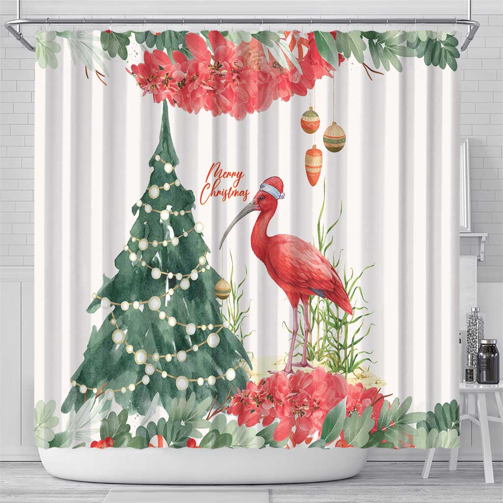 Trinidad And Tobago Christmas Shower Curtain Scarlet Ibis Wild Poinsettia Watercolor - Wonder Print Shop