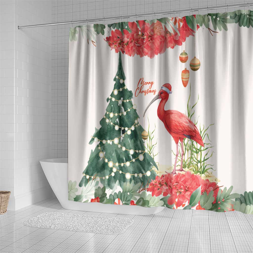 Trinidad And Tobago Christmas Shower Curtain Scarlet Ibis Wild Poinsettia Watercolor - Wonder Print Shop