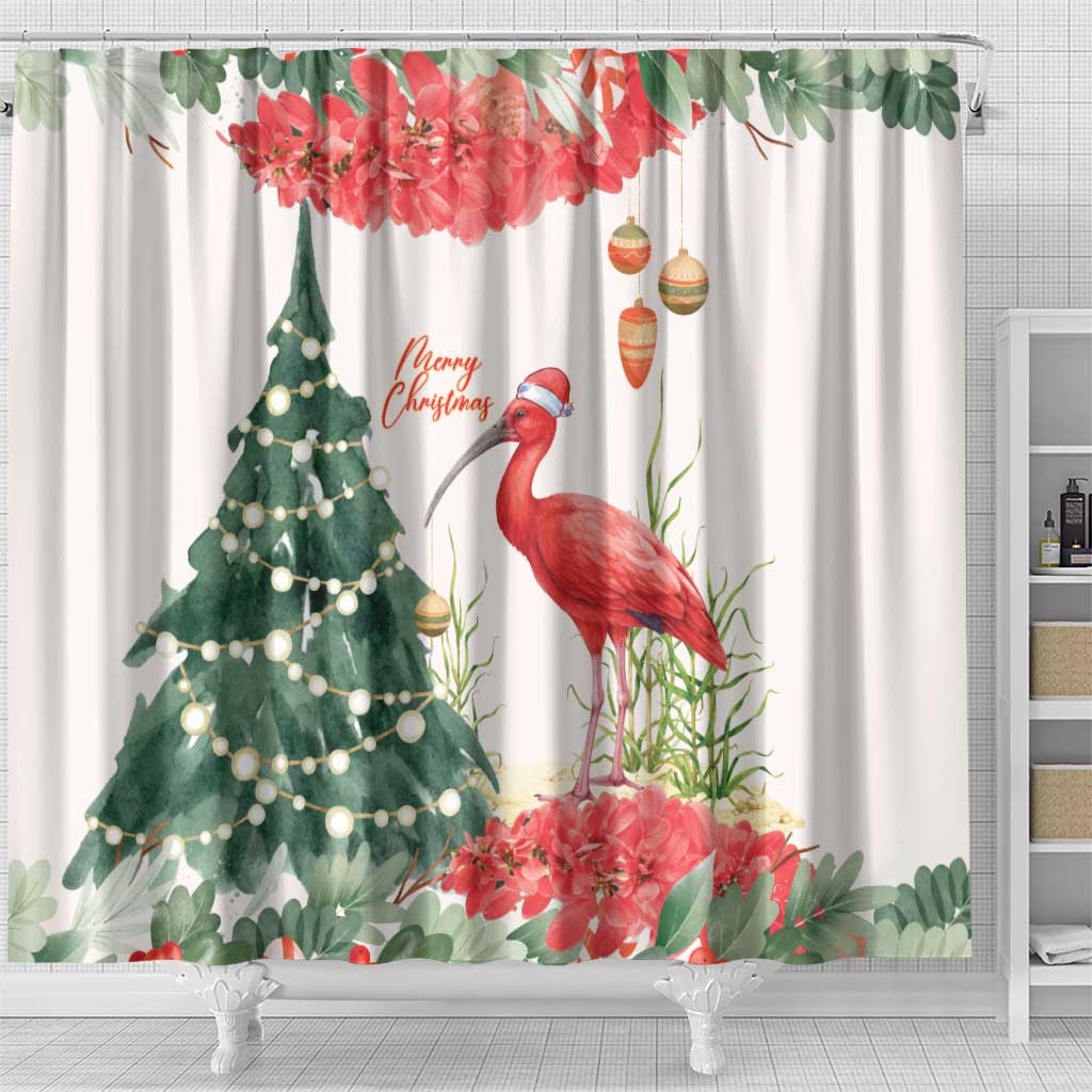 Trinidad And Tobago Christmas Shower Curtain Scarlet Ibis Wild Poinsettia Watercolor - Wonder Print Shop