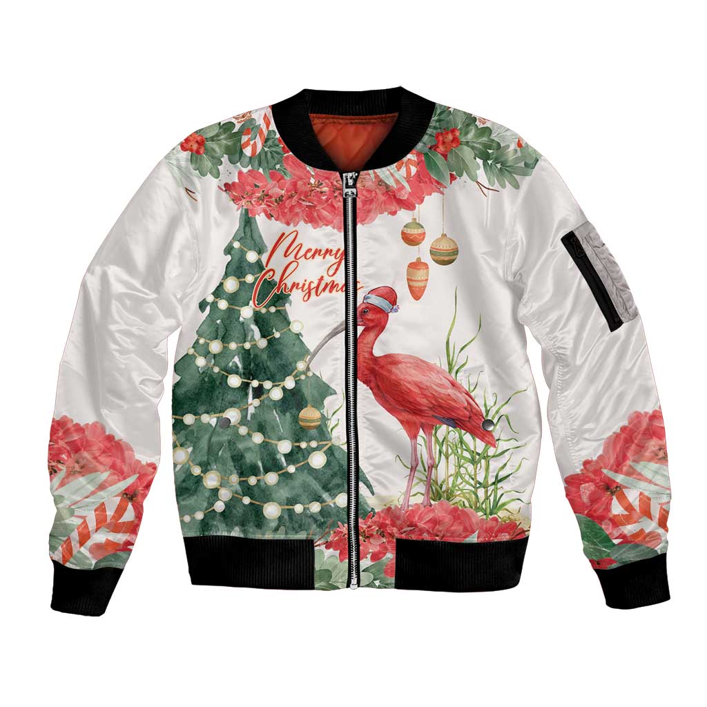 Personalized Trinidad And Tobago Christmas Sleeve Zip Bomber Jacket Scarlet Ibis Wild Poinsettia Watercolor - Wonder Print Shop