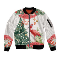 Personalized Trinidad And Tobago Christmas Sleeve Zip Bomber Jacket Scarlet Ibis Wild Poinsettia Watercolor - Wonder Print Shop