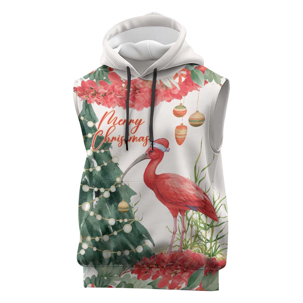 Personalized Trinidad And Tobago Christmas Sleeveless Hoodie Scarlet Ibis Wild Poinsettia Watercolor - Wonder Print Shop