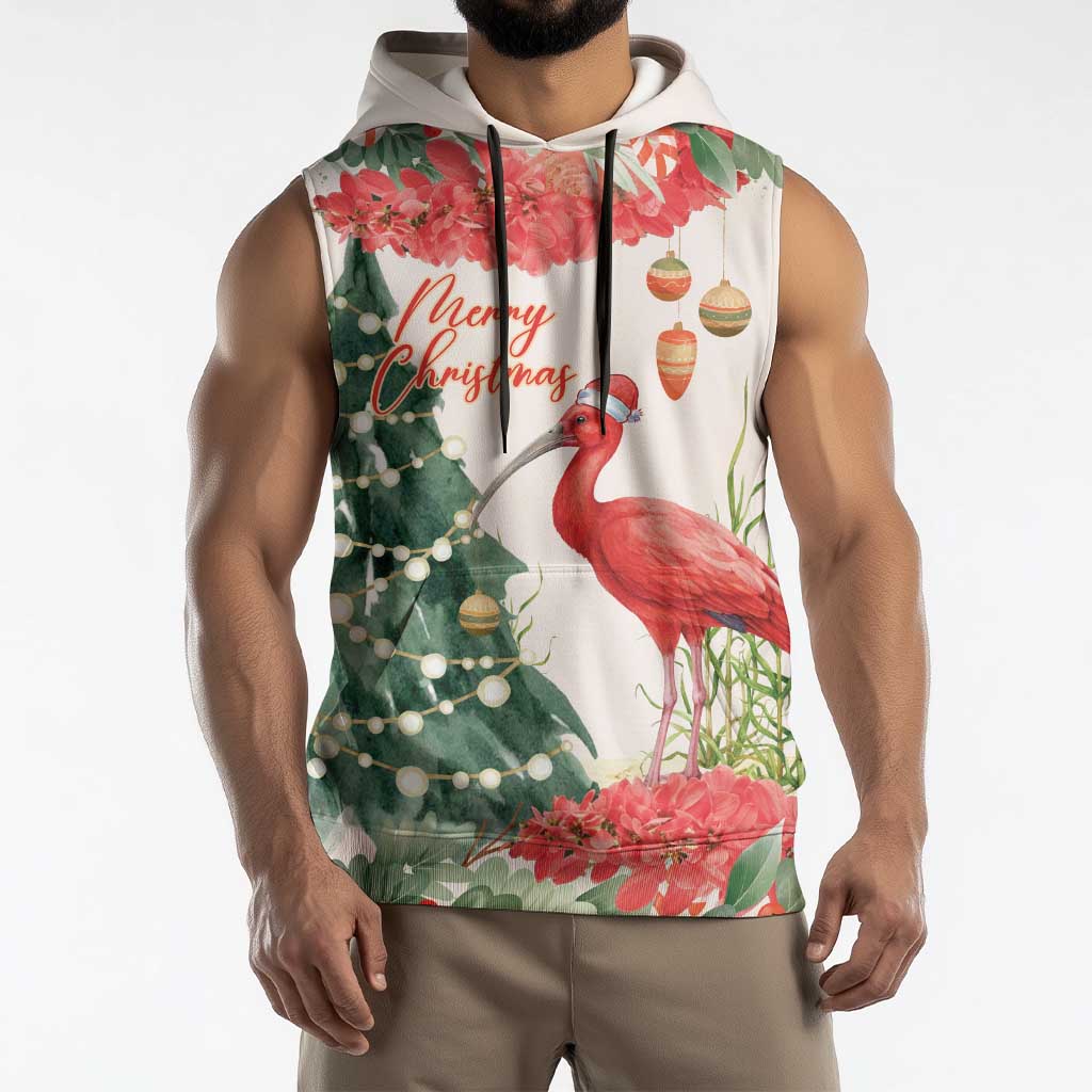 Personalized Trinidad And Tobago Christmas Sleeveless Hoodie Scarlet Ibis Wild Poinsettia Watercolor - Wonder Print Shop