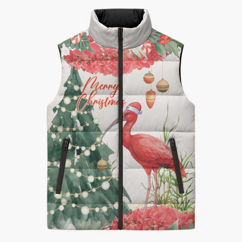 Personalized Trinidad And Tobago Christmas Sleeveless Puffer Jacket Scarlet Ibis Wild Poinsettia Watercolor - Wonder Print Shop