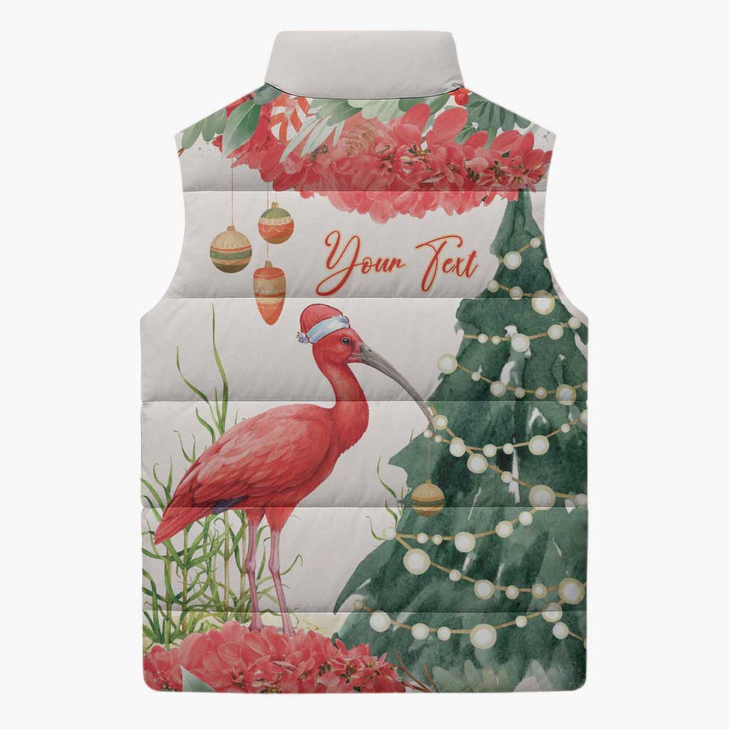 Personalized Trinidad And Tobago Christmas Sleeveless Puffer Jacket Scarlet Ibis Wild Poinsettia Watercolor - Wonder Print Shop