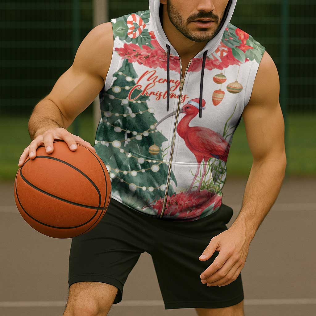 Personalized Trinidad And Tobago Christmas Sleeveless Zip Hoodie Scarlet Ibis Wild Poinsettia Watercolor - Wonder Print Shop