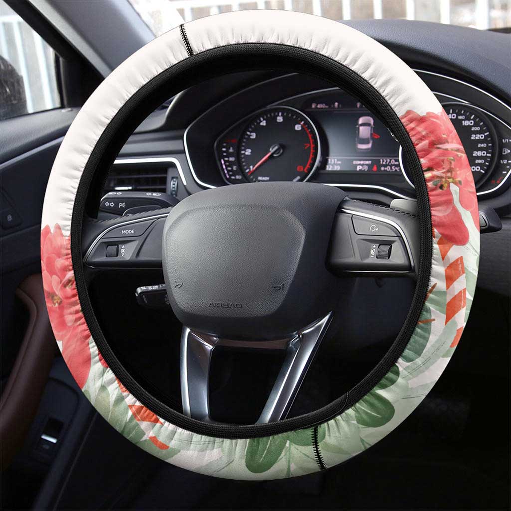 Trinidad And Tobago Christmas Steering Wheel Cover Scarlet Ibis Wild Poinsettia Watercolor - Wonder Print Shop