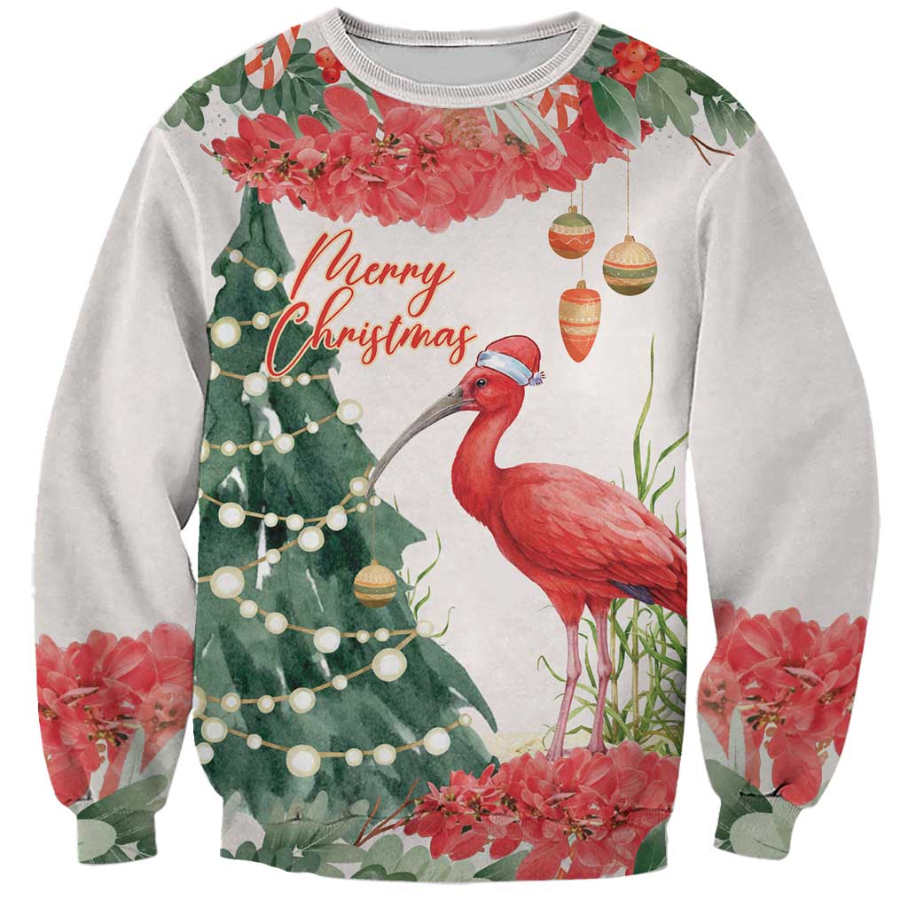 Personalized Trinidad And Tobago Christmas Sweatshirt Scarlet Ibis Wild Poinsettia Watercolor - Wonder Print Shop