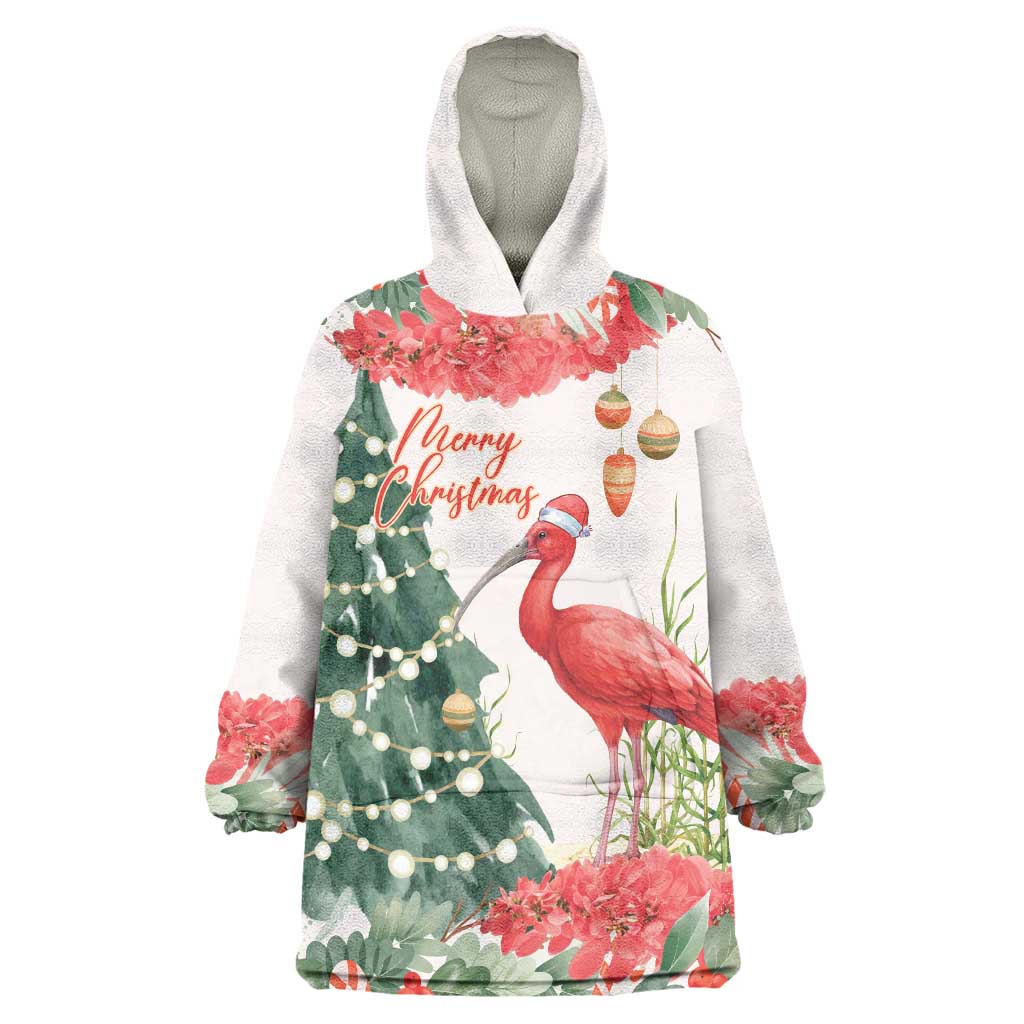 Personalized Trinidad And Tobago Christmas Wearable Blanket Hoodie Scarlet Ibis Wild Poinsettia Watercolor - Wonder Print Shop